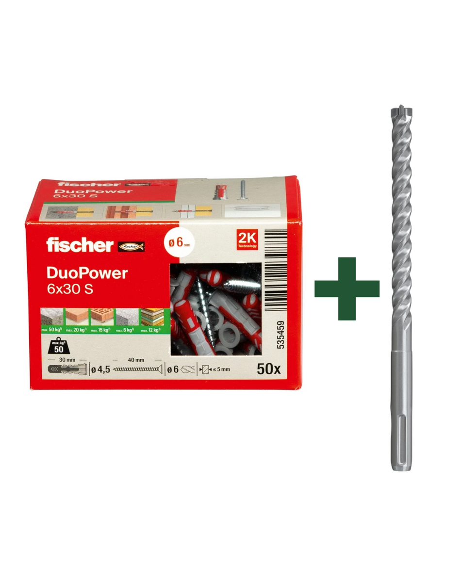 fischer DuoPower S Universaldübel mit Schraube & Hammer-Bohrer Quattric S II | Set für präzise Befestigungen in Beton, Ziegel & Naturstein | verschiedene Größen wählbar