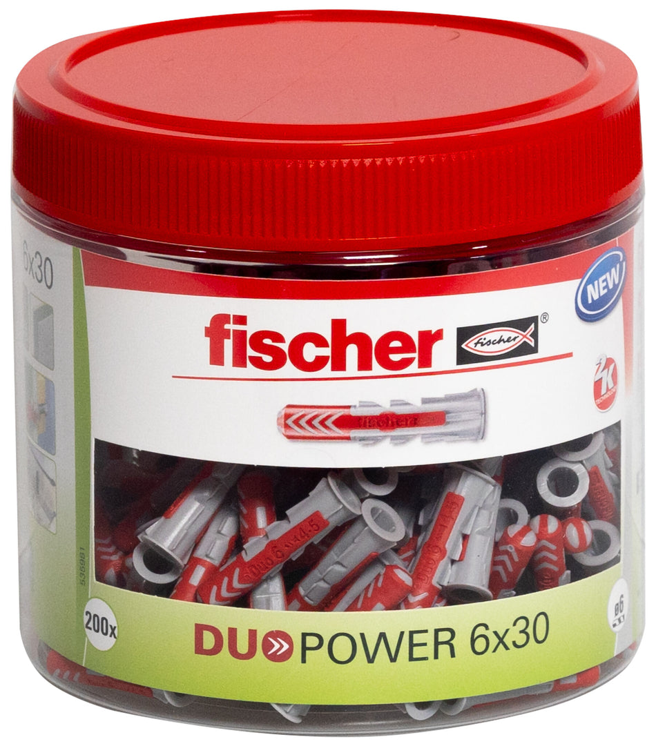 fischer DuoPower Dübel in Runddose, für alle Baustoffe wie Ziegel, Beton, Gipskarton & mehr, 2-Komponenten-Technik, verschiedene Größen wählbar