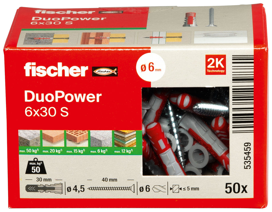 fischer DuoPower S | Universaldübel mit passender Schraube je nach Größe (Senkkopf oder Sicherheitsschraube) | 2-Komponenten-Kunststoffdübel für Befestigungen in Beton, Ziegel, Naturstein, Gipskarton & mehr | alle Größen wählbar