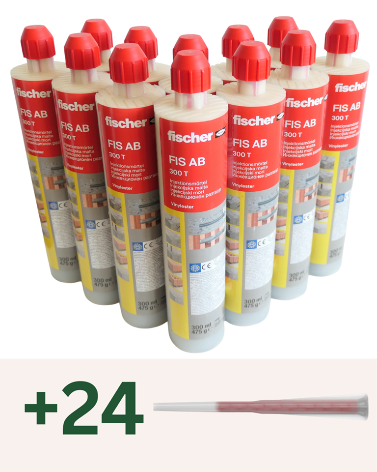 12 Stk. Großpackung fischer Injektionsmörtel FIS AB 300T inkl. 24 Stk. Statikmischer FIS MR Plus, für Standardanwendungen in Beton, Ziegel & Mauerwerk