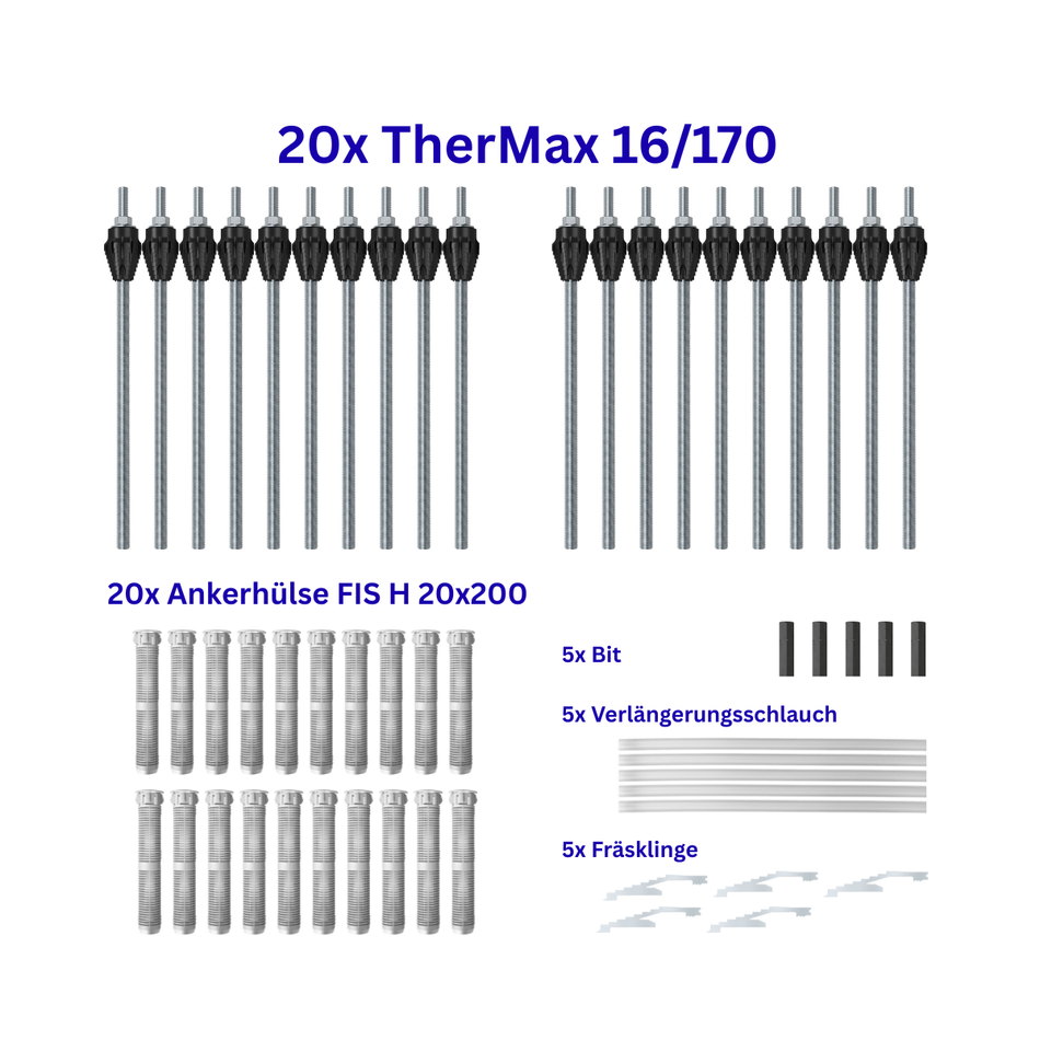 fischer 20 Stk. Abstandmontagesystem TherMax 16/170 M12 - Großpackung | Dämmstoffdübel mit Anti-Kälte-Konus für Montage von Markise & Pergola sowie Wandmontage von PV Modulen im WDVS-Wärmedämmverbundsystem