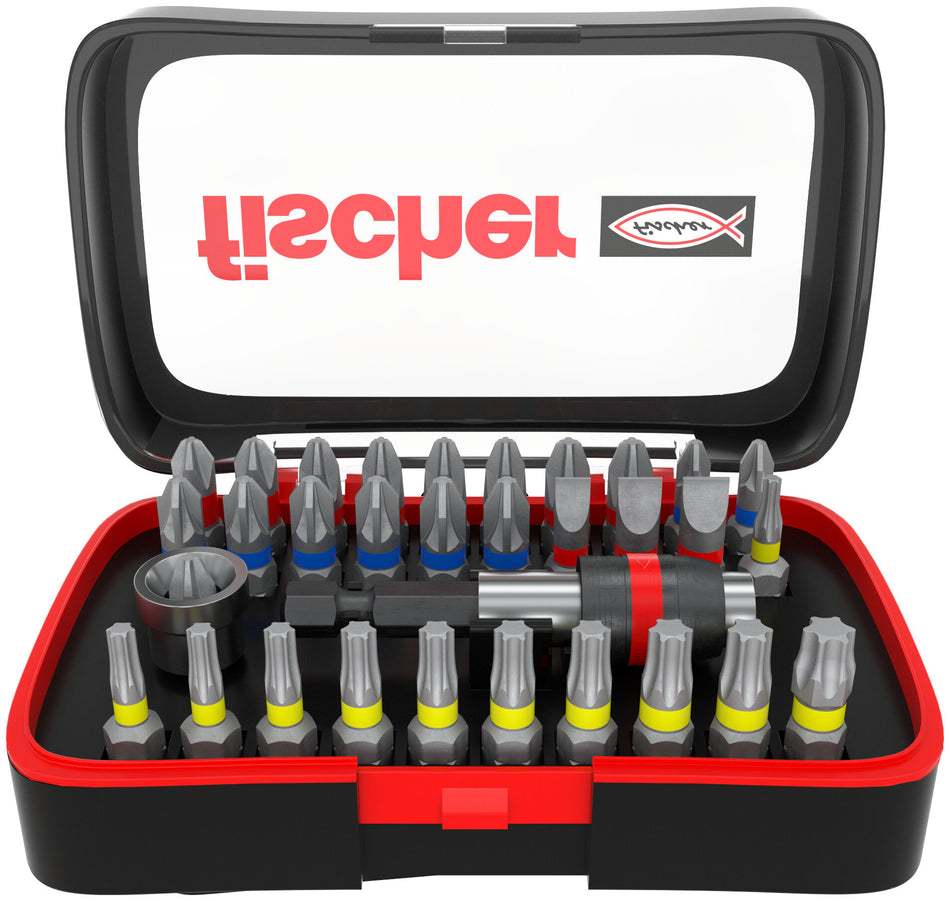 fischer Profi Bit Set | 32-teiliges Premium-Bitset mit Bithalter & Farbleitsystem | schneller Bitwechsel für universelle Schraubanwendungen