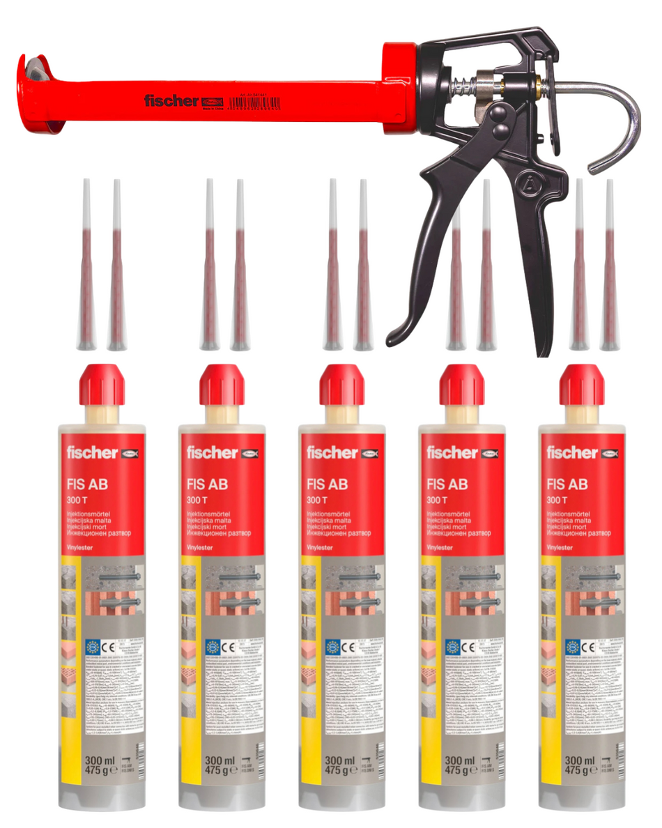 fischer Profi-Set mit 5 Stk. FIS AB 300 T Injektionsmörtel inkl. 10 Stk. Statikmischer FIS MR Plus & 1 Stk. KPM 3 Auspressgerät | für Standardanwendungen in Beton, Ziegel & Mauerwerk | sichere Verankerungen & einfache Verarbeitung