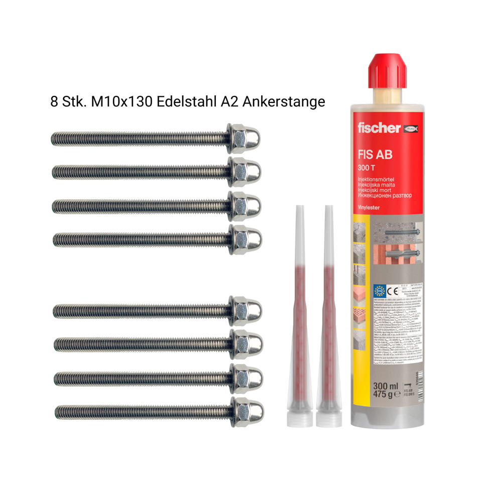 fischer FIS AB 300 T Injektionsmörtel & WASI Edelstahl-Gewindestange A2 mit Unterlegscheibe und Hutmutter M10 x 130 | für Außenbereich | ideal für Zäune, Sonnensegel, Tore & Carports