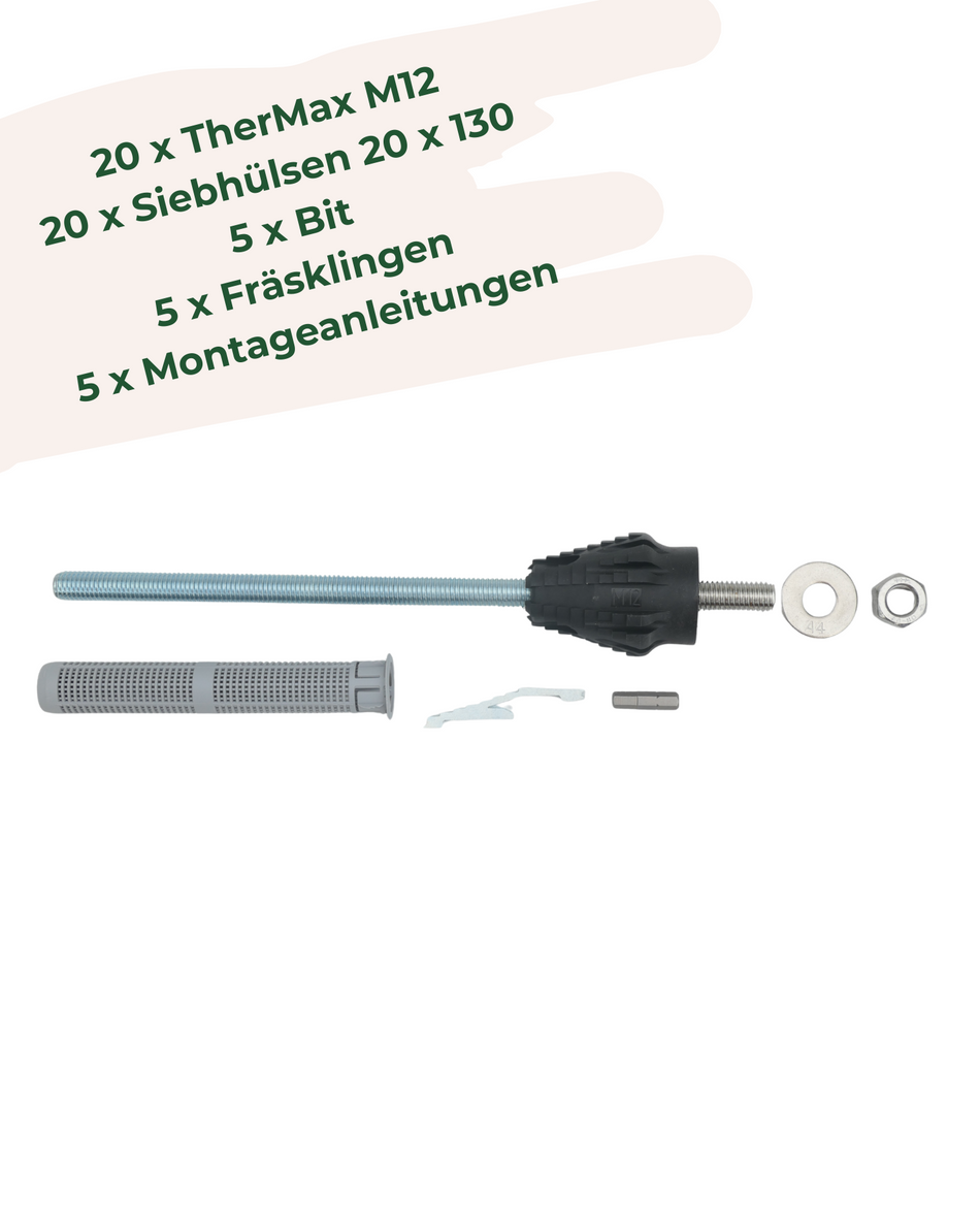 fischer 20 Stk. Abstandmontagesystem TherMax 12/110 M12 - Großpackung | Dämmstoffdübel mit Anti-Kälte-Konus für Montage von Markise & Pergola sowie Wandmontage von PV Modulen im WDVS-Wärmedämmverbundsystem